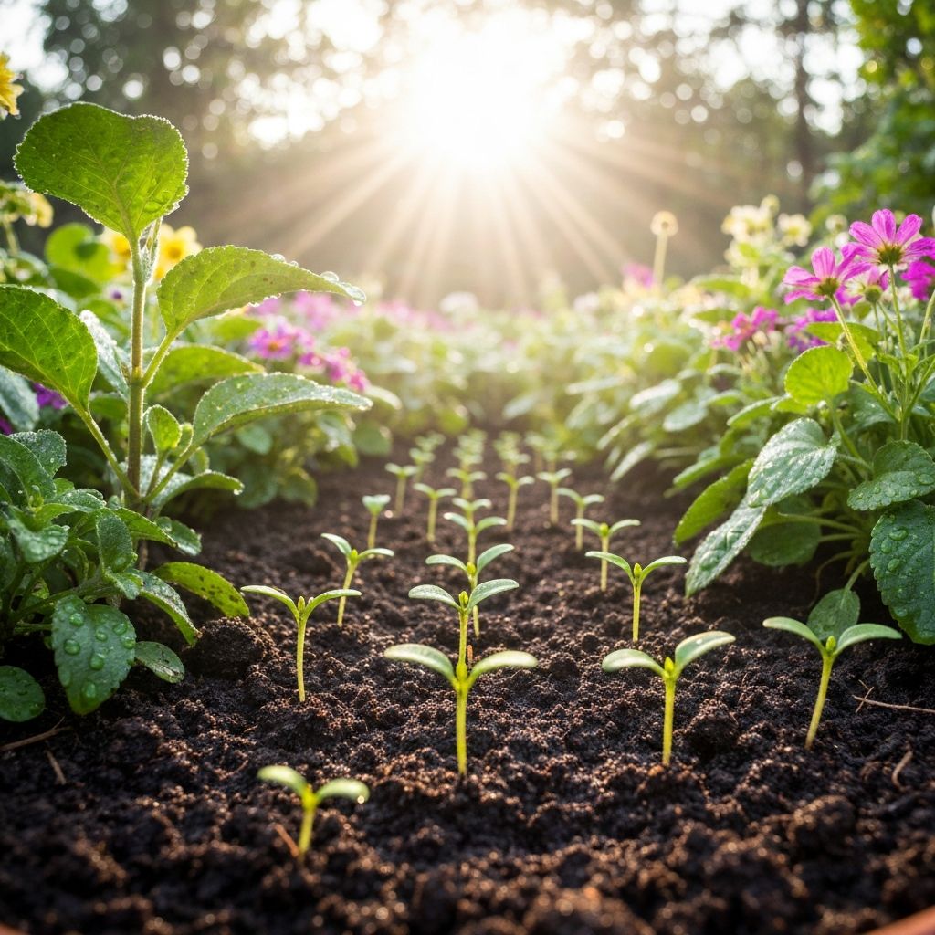 A lush botanical garden with morning sunlight streaming through green leaves