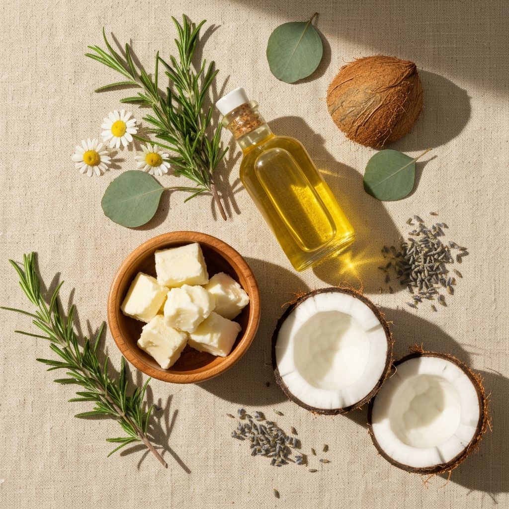 Natural skincare ingredients including shea butter, oils, and fresh herbs
